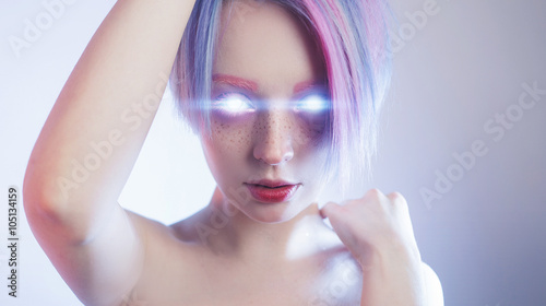 Girl like a robot with glowing eyes photo