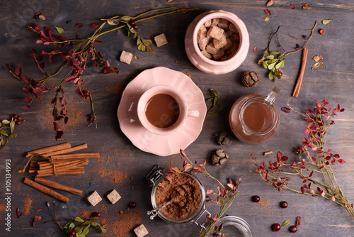 Coffee, hot chocolate or cocoa with cinnamon on rustic wooden background. Top view, copy space. © juliet_boo