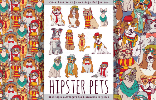 Hipster cute pets cats and dogs set. 