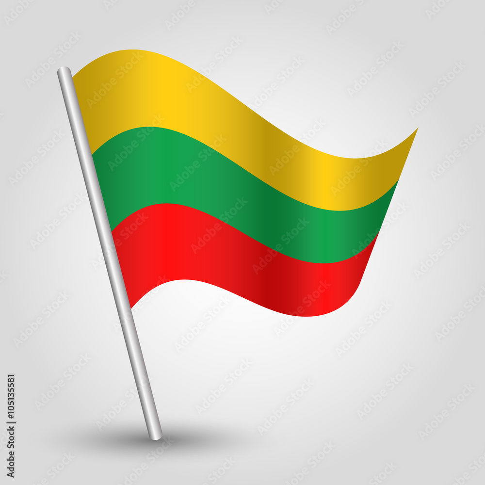 vector waving simple triangle lithuanian flag on slanted silver pole - icon of lithuania with metal stick vector waving simple triangle lithuanian flag on slanted silver pole - icon of lithuania with metal stick