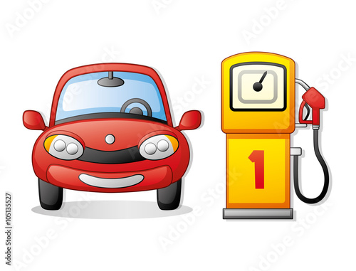 Red car front view icon and a yellow gasoline pump.