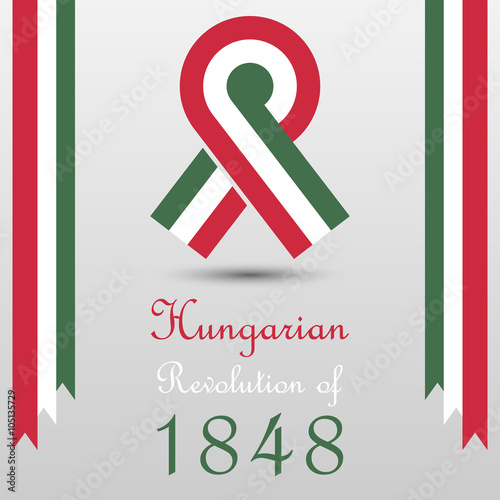 Illustration for the hungarian revolution of 1848 with cockade symbol, flags custom text. Symbol for Hungary's national day on march 15th. photo
