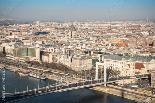 Aerial View of Budapest and the Danube River with Elisabeth Bridge as Seen from Gellert Hill Lookout Point