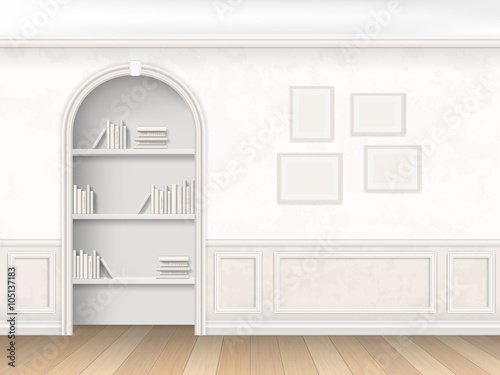 The wall room with arch, books and decorative wall panels - molding. Niche with the books on the shelves, decorated in a classic style.