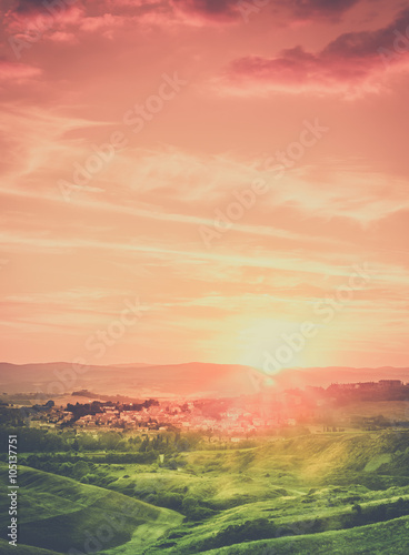 Tuscan town sunset landscape