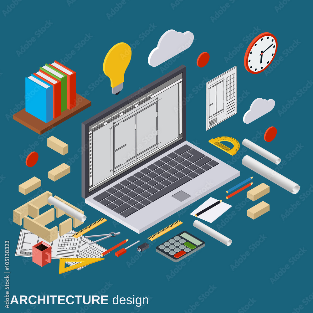 Architecture planning, interior project, architect workplace vector illustration