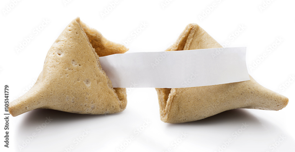 Fortune cookie with blank slip isolated on white background. - obrazy, fototapety, plakaty 