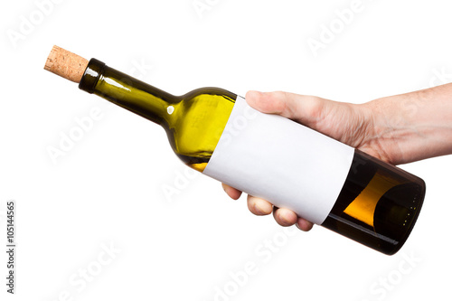 bottle of white wine in his hand isolated on white background