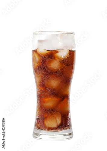 tall glass with cola drink with chunks of ice isolated on white
