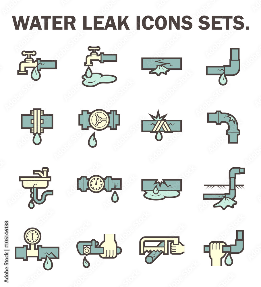 Burst pipe and water leak or plumbing problem and repair icon such as