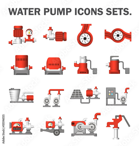 Water pump station icon. Consist of centrifugal, submersible and well pump. Powered by engine, hand and electric motor with solar energy. For irrigation, plumbing, water cooling water treatment.