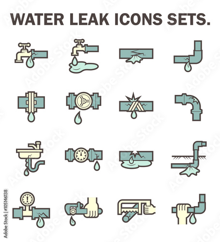 Burst pipe and water leak or plumbing problem and repair icon such as burst, leaking, noise and frozen at water supply pipe, faucet, valve control, fitting, connector, meter and underground location.