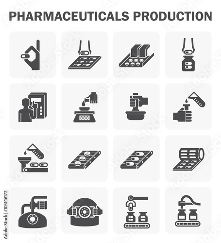 Pharmaceutical and supplement manufacture industry vector icon. Include capsule pill tablet drug or medicine, filling bottle package, operator, computer,  robot, automated machine and production line.