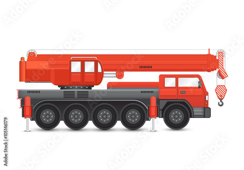 Mobile crane vector design. Industrial machine equipment or vehicle with hoist, hook, rope and hydraulic telescopic boom for service, erection and lifting heavy load in building construction site.