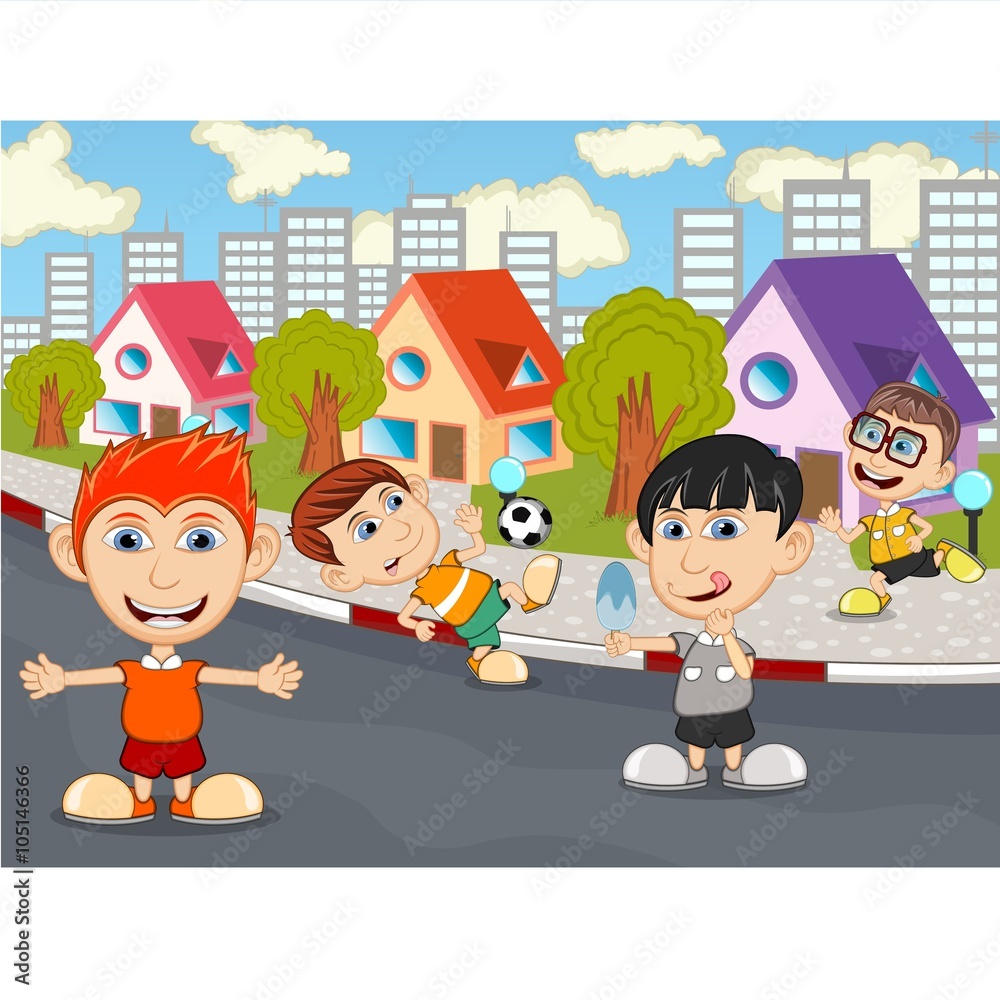  Children playing on the street cartoon