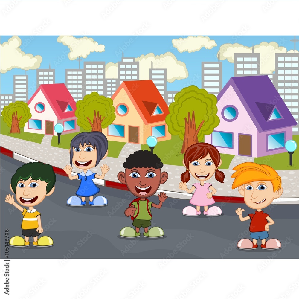  Children playing on the street cartoon