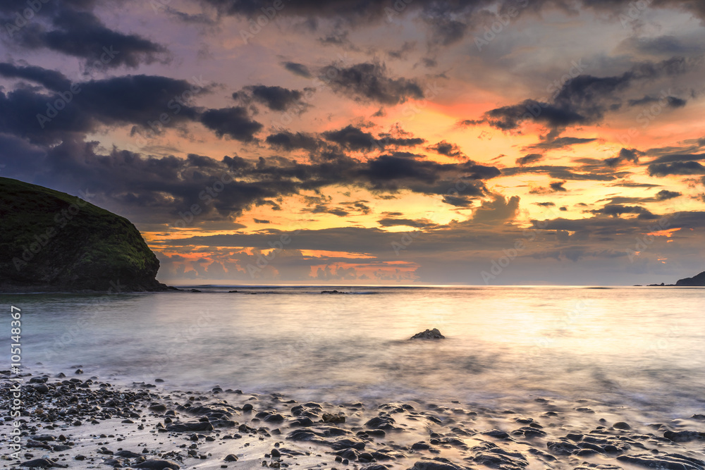 Obraz premium Natural green moss at beach rock with sunset moment background. Focused at foreground.
