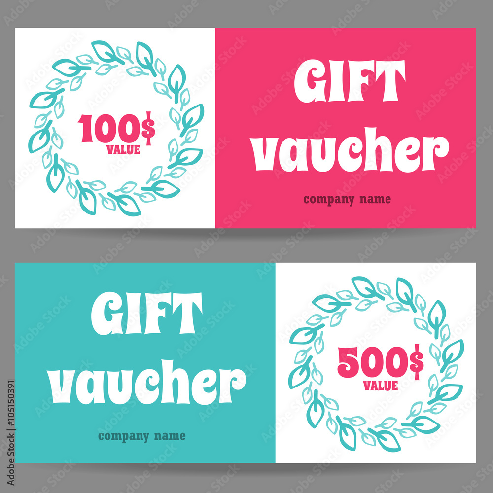 Gift voucher universal template. Spring and summer theme. Frame from leaves.