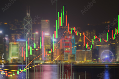 Candlestick chart patterns uptrend  Stock Market on the cityscape at night background