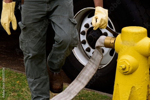 Drain Cleanout / Worker is setting up a drain clean up of the fire hydrant and to fill his truck for street cleaning.