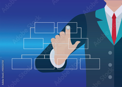 Businessman hand touching button organization chart.