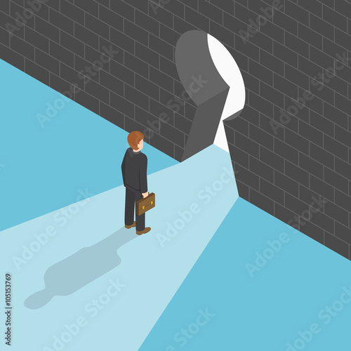 Isometric businessman standing in front of big keyhole