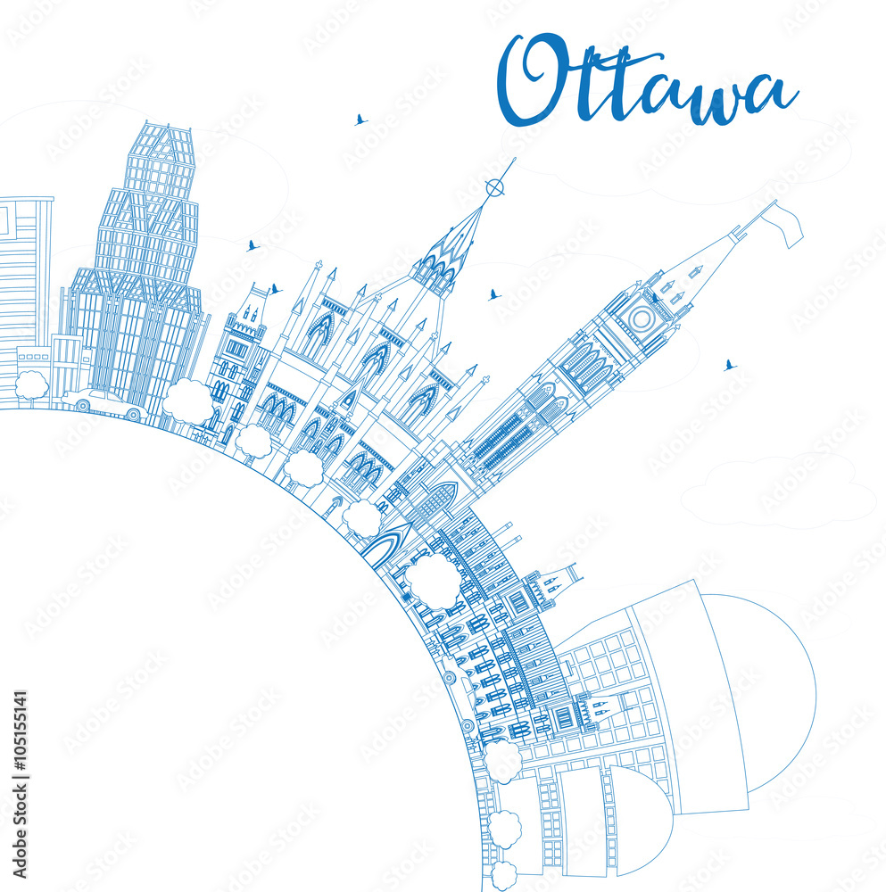 Outline Ottawa Skyline with Blue Buildings and Copy Space.