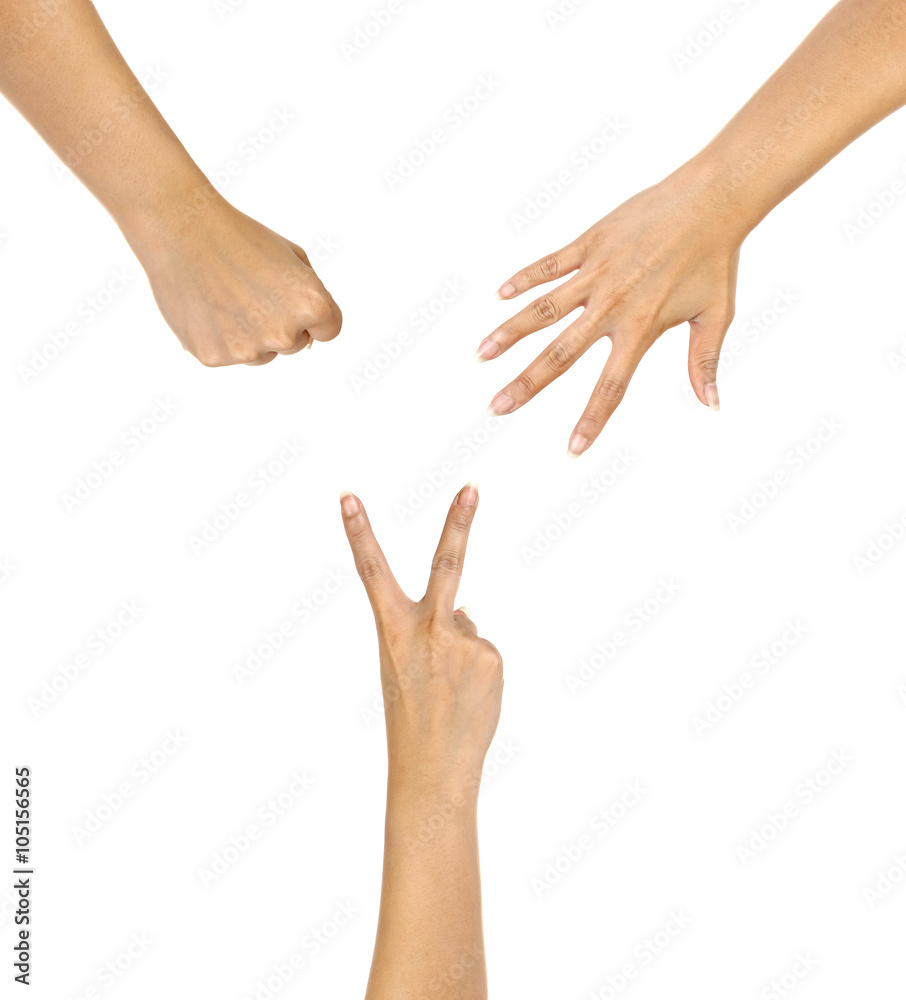hands making sign as rock paper and scissors isolate on white.