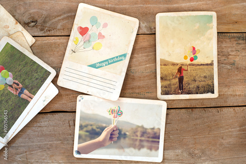 Photography Happy birthday postcard on wood table