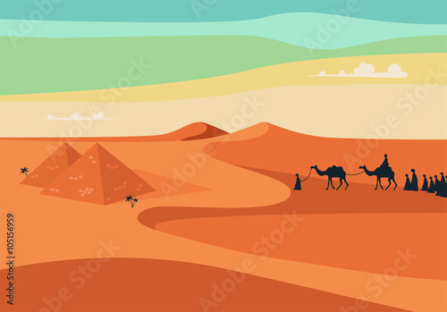 Group of People with Camels Caravan Riding in Realistic Wide Desert Sands in Egypt. Editable Vector Illustration