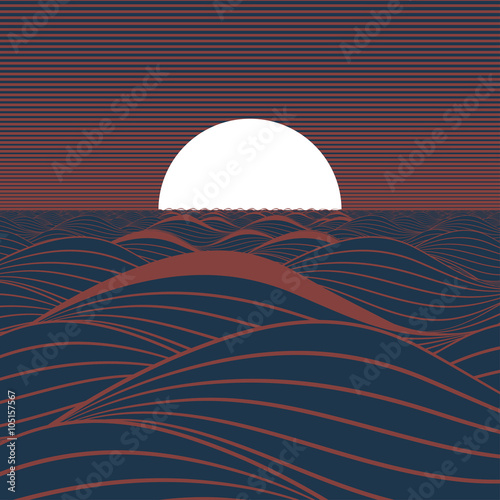 Stylized illustration of a white sun or full moon, rising or setting on a dark blue sea in a brown atmosphere.