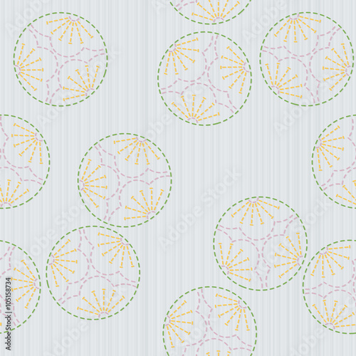 Japanese sashiko motif. Three Plum Blossoms. Traditional Japanese Embroidery Ornament. Seamless pattern. Colorful Sasiko motif - Mitsu Ume. Abstract backdrop. Needlework texture.