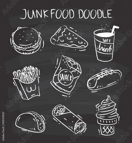 Set of snack doodle on chalkboard background. Burger, pizza, soft drink, french fries, potato chip, hot dog, taco, burrito and ice cream cone