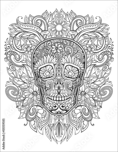 human skull made of flowers,