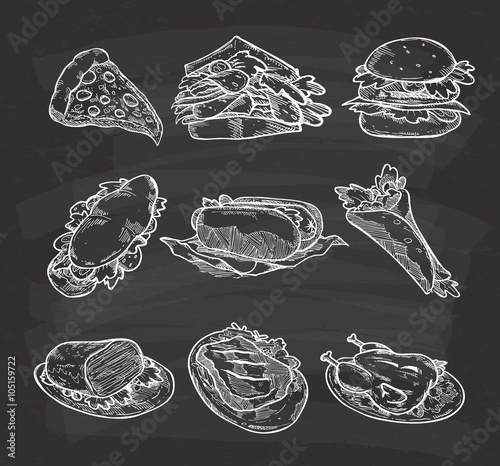 Set of junk food doodle on chalkboard background
