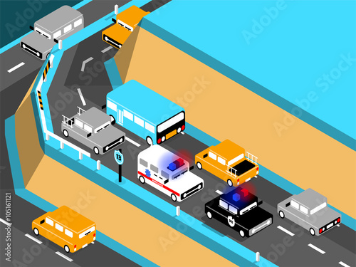 beautiful isometric design of car on the road,driving car on the mountain, ambulance and police car stuck in traffic.