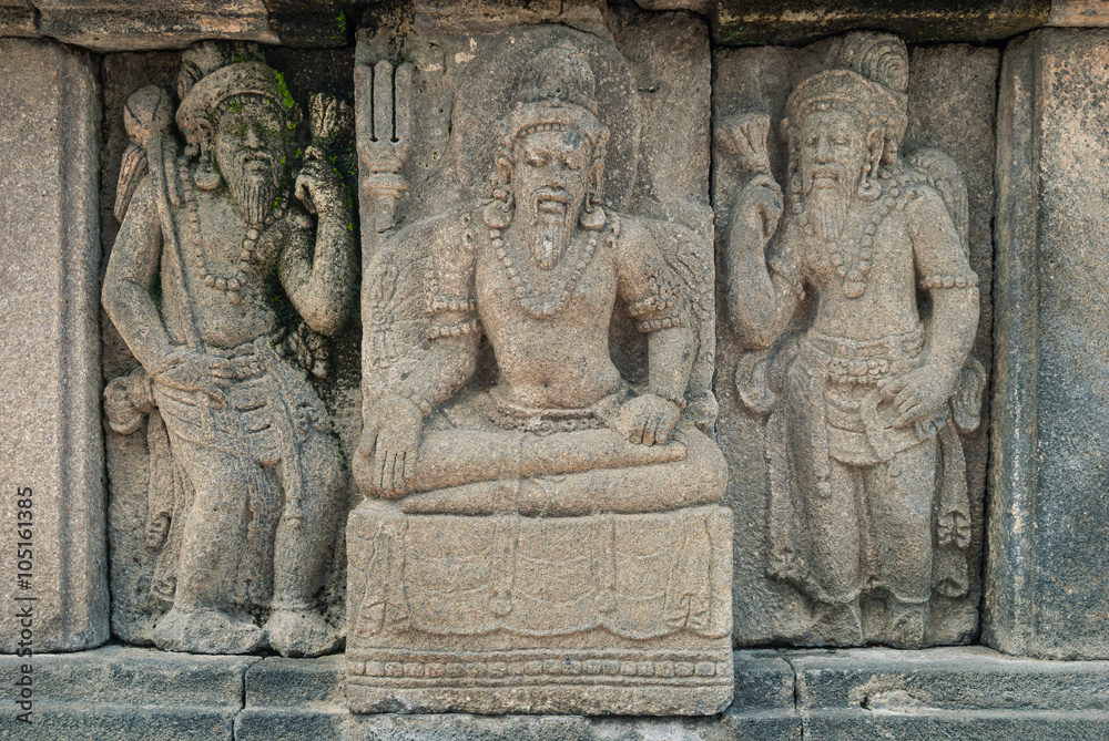 A sculpted relief panel at the Prambanan Hindu temple, a UNESCO World Heritage site in Central Java, Indonesia.