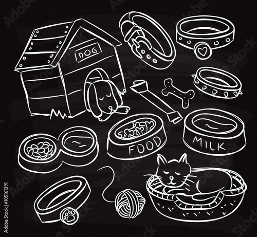 Set of dog and cat accessories doodle on chalk board