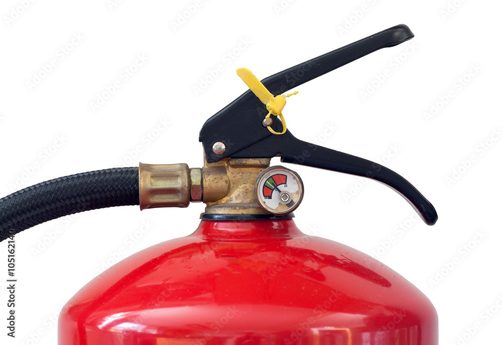 Naklejka premium Dusty fire extinguisher fully charged, selective focus