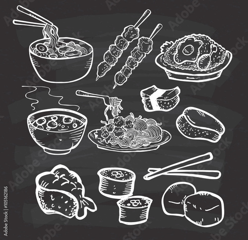 Set of Asian food doodle on chalkboard background