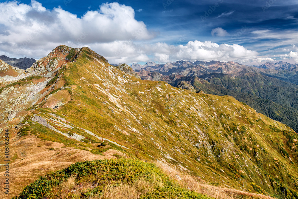 Obraz premium The hill covered with yellow grass with a steep slope in the Caucasus mountains