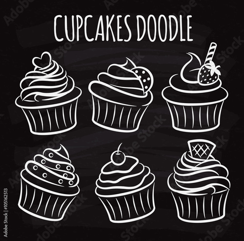 set of cupcake icon doodle on chalk board