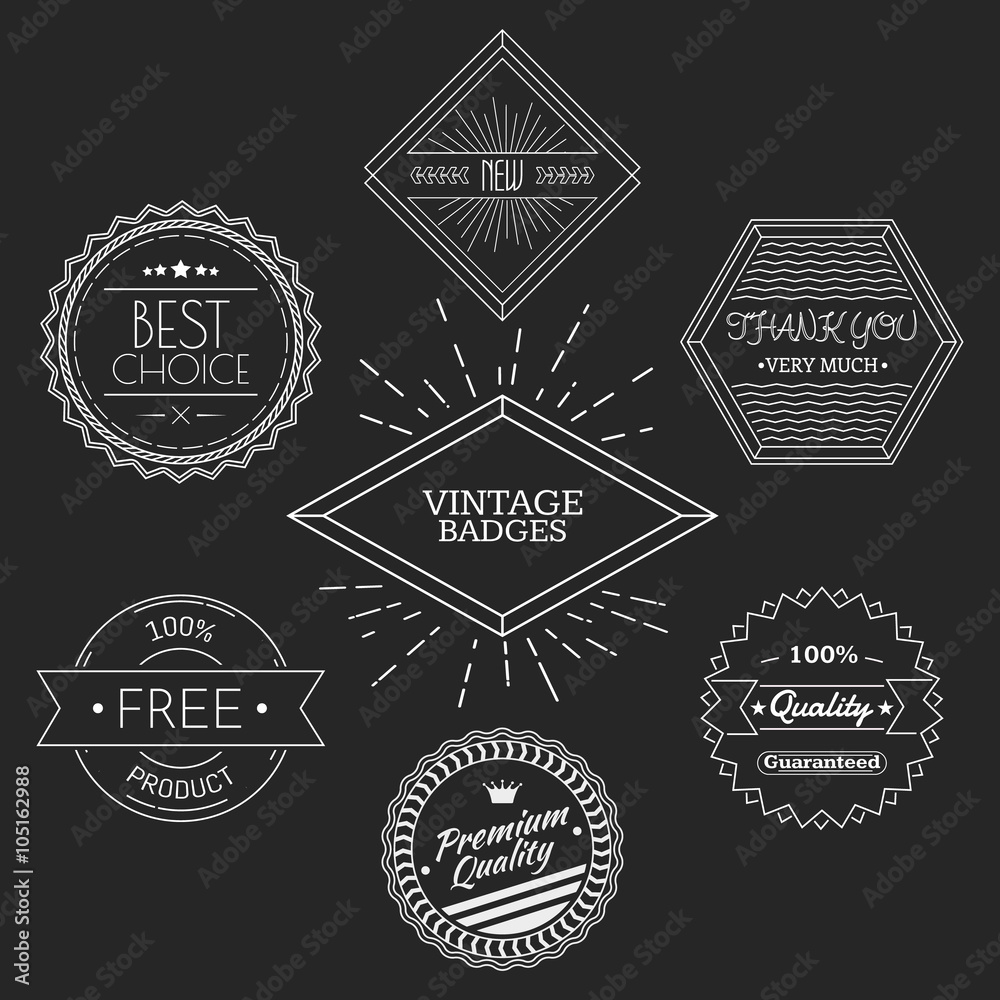 Obraz premium Guarantee, quality, thank you, best choice vintage retro badges white on black chalkboard background. Vector illustration.