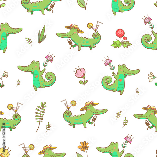 Summer seamless pattern with cute carton crocodiles  ice cream and cocktails.Animals and flowers on  white background. Vector image.