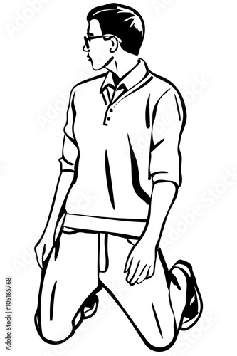 vector sketch of a young man with glasses on her kneess