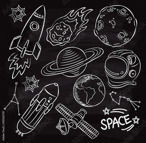 Set of space themed doodle on chalk board