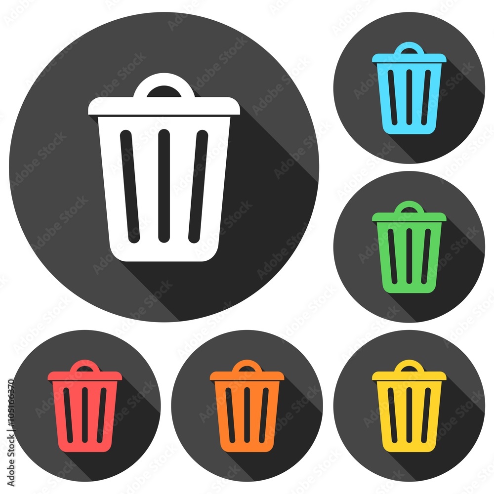 Trash bin or trash can symbol icons set with long shadow Trash bin or trash can symbol icons set with long shadow
