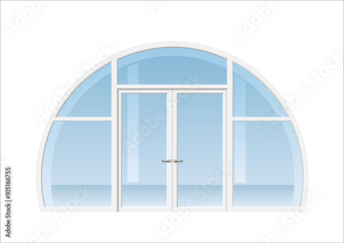 Arched double doors open onto a terrace or balcony in vector graphics