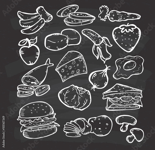 Set of hand drawn healthy food on chalkboard background