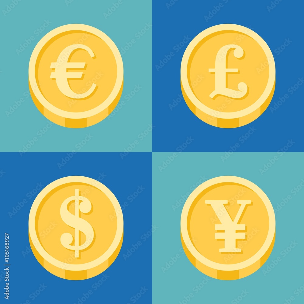 coin icons set, flat design coin icons set, flat design